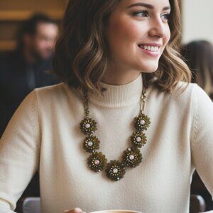 J. Crew Gold and Pink Floral 3D Necklace